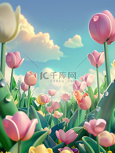 3D卡通春季景观郁金香图片