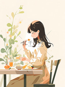 女孩在餐桌上吃饭扁平风插图