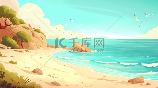 夏季度假插画图片_夏季海边沙滩风景度假插画