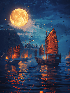 假日明信片插画图片_船舶在黑海在月明之夜中秋
