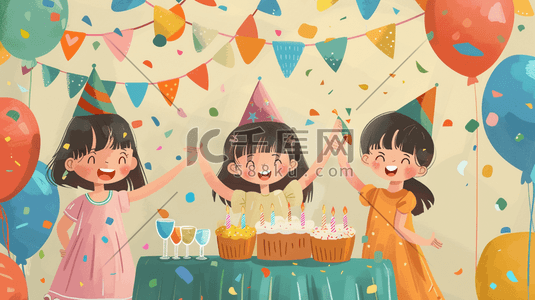 蛋糕女孩插画图片_彩色卡通女孩开心生日聚会的插画