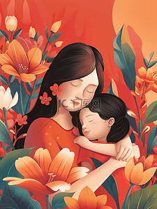 拥抱自然插画图片_彩色花朵花丛树叶母女拥抱的插画