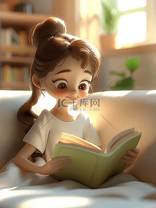看书动画插画图片_女孩看书读书日3d海报插画
