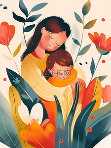 拥抱自然插画图片_彩色花朵花丛树叶母女拥抱的插画