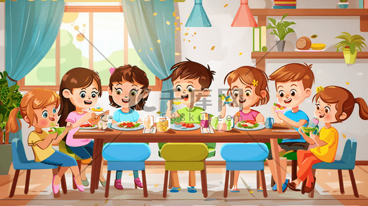 手绘窗户插画图片_彩色手绘绘画卡通儿童餐桌吃饭的插画