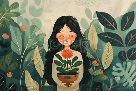女孩植物花朵手绘春天插画海报