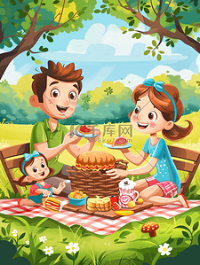 欢乐家庭在郊外野餐夏天