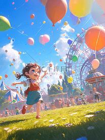 彩色卡通儿童游乐场奔跑气球的插画