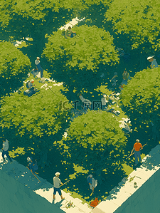皇宫俯视插画图片_彩色手绘俯视公园树木人们游玩的插画