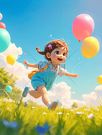 彩色卡通儿童游乐场奔跑气球的插画