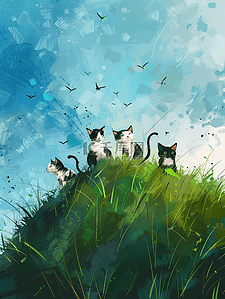 深色户外草坪小山坡猫咪的插画