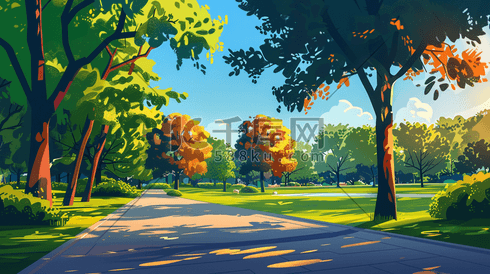 彩色扁平化户外公园里树木长椅河流的插画