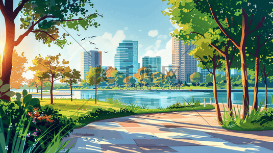 公园栅栏插画图片_彩色扁平化户外公园里树木长椅河流的插画