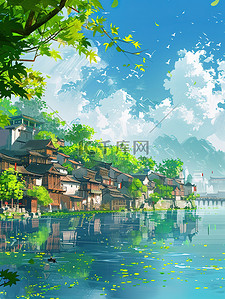 春风园艺插画图片_江南的河岸在春风插图