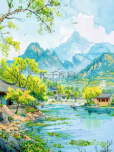 春风园艺插画图片_江南的河岸在春风插画素材