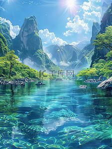 湖边水面波光粼粼插画海报