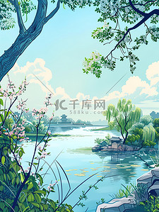 春风园艺插画图片_江南的河岸在春风原创插画