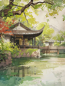春风园艺插画图片_江南的河岸在春风插画图片