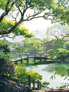 江南的河岸在春风插画
