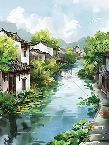 春风园艺插画图片_江南的河岸在春风矢量插画