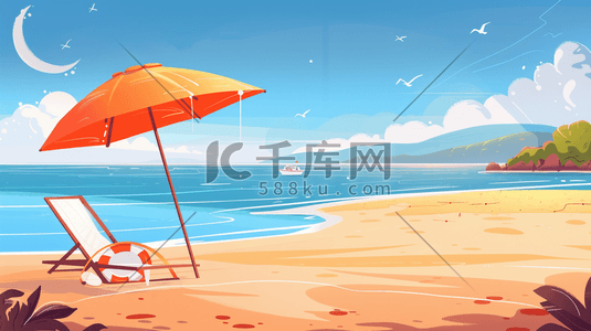 沙滩的遮阳伞插画图片_手绘唯美户外蓝天大海沙滩遮阳伞的插画