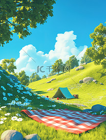 公园阳光明媚绿草如茵野餐地垫插画素材