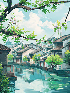 春风园艺插画图片_江南的河岸在春风插画图片