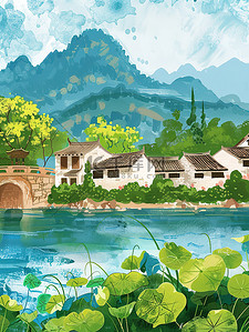 春风园艺插画图片_江南的河岸在春风插画海报