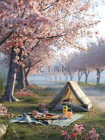 淡粉色的樱花树下野餐图片