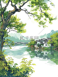 江南的河岸在春风插画海报