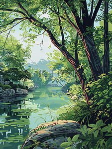 春风园艺插画图片_江南的河岸在春风矢量插画
