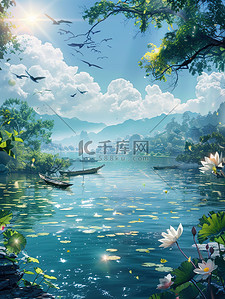 湖边水面波光粼粼插画图片