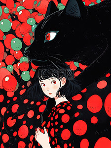 慵懒的黑猫插画图片_一个女孩和一只黑猫插图