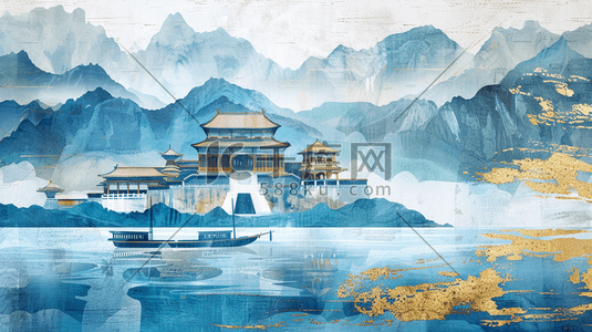 水彩蓝色插画图片_水彩蓝色古建筑城楼山水风景的插画