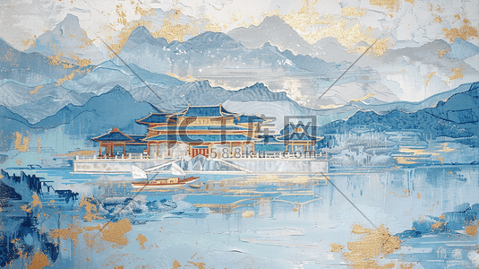 水彩蓝色插画图片_水彩蓝色古建筑城楼山水风景的插画