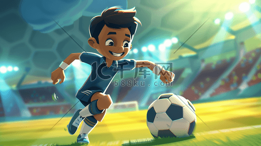 踢球插画图片_卡通男孩足球场上踢球的插画