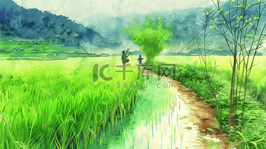 手绘绿色户外稻田老人小孩道路行走的背景矢量插画