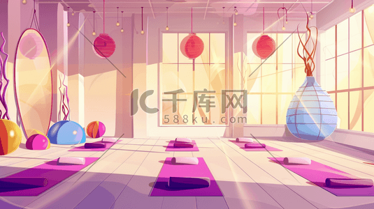 手绘彩色室内运动健身瑜伽的插画