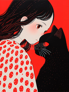 一个女孩和一只黑猫插画