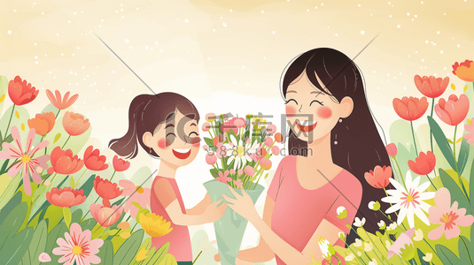 员工风采展示插画图片_绘制母亲节母女花朵花卉花丛的插画