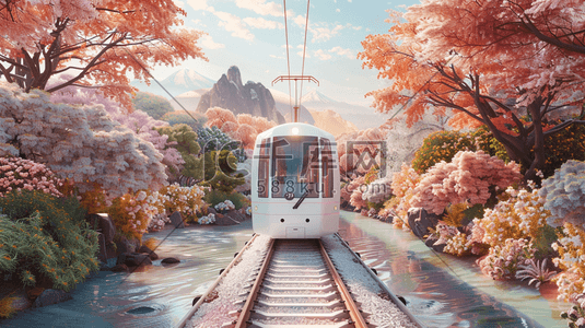 唯美粉色树木场景轨道白色小火车的插画