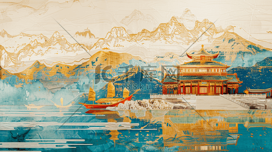 水彩蓝色古建筑城楼山水风景的插画