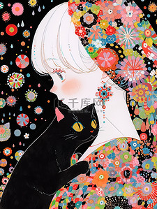 一个女孩和一只黑猫插画图片