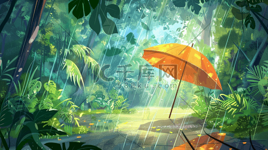 充气雨伞插画图片_雨季户外森林下雨雨伞的插画