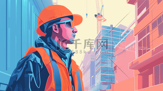 眼镜设计插画图片_绘画男士工人建筑工地上插画