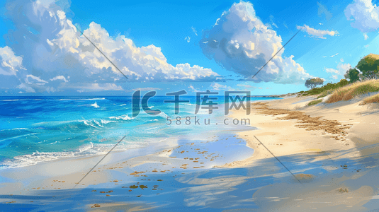 海边白云插画图片_户外风景树木大海海边海水沙滩的插画