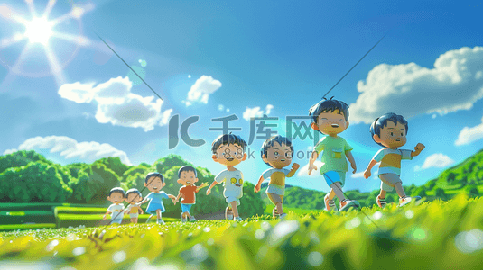 户外插画图片_蓝天白云下户外草地上儿童牵手游玩的插画