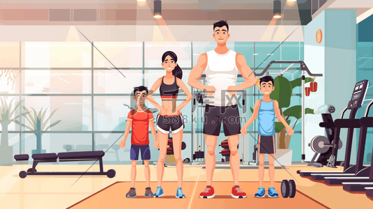 健身健身房插画图片_时尚健身房里一家人健身的插画