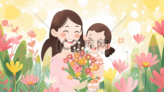绘制母亲节母女花朵花卉花丛的插画