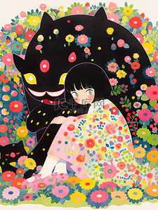 一个女孩和一只黑猫插图